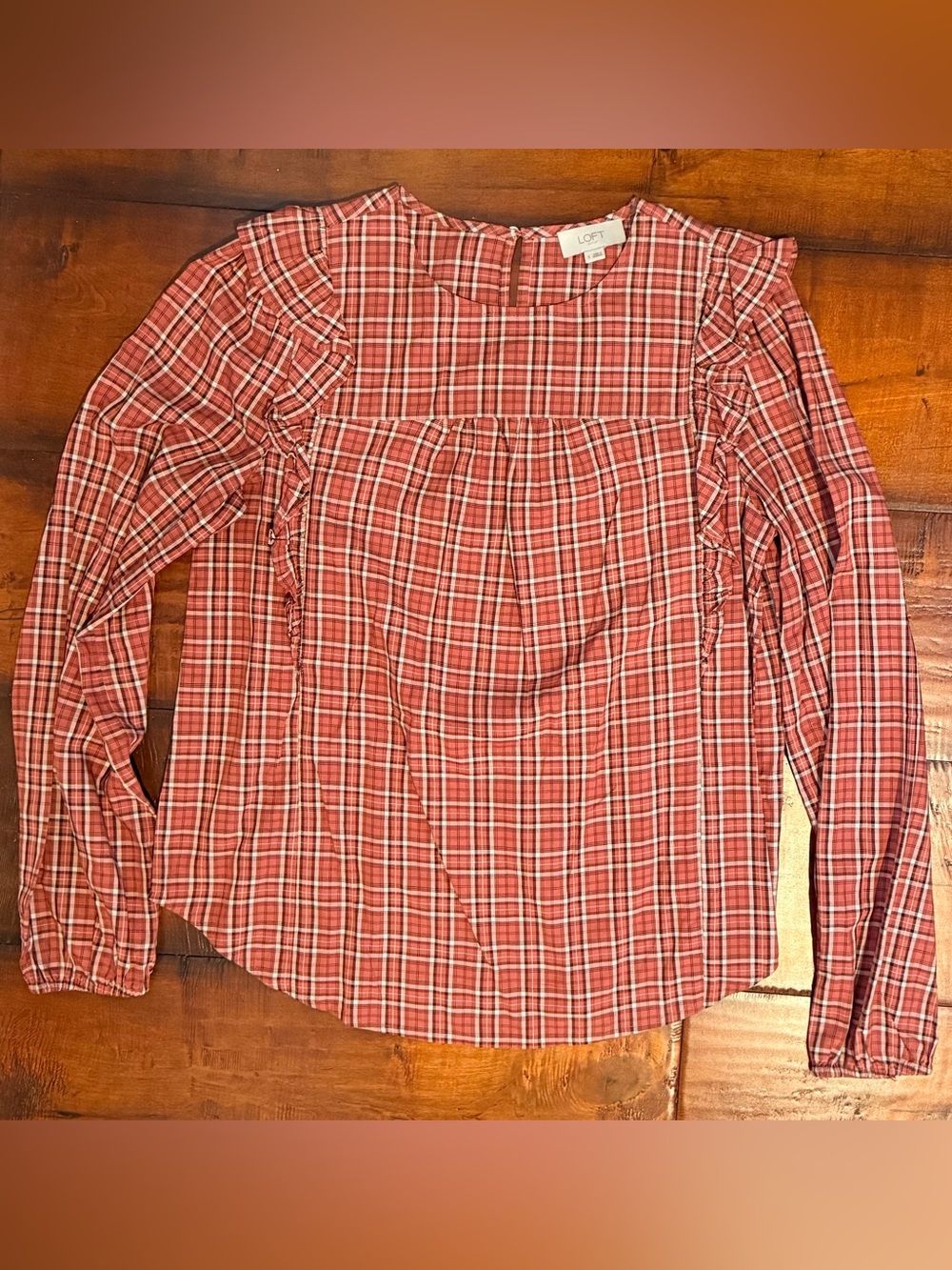 LOFT Red Plaid Long-Sleeve Ruffle Yoke Top